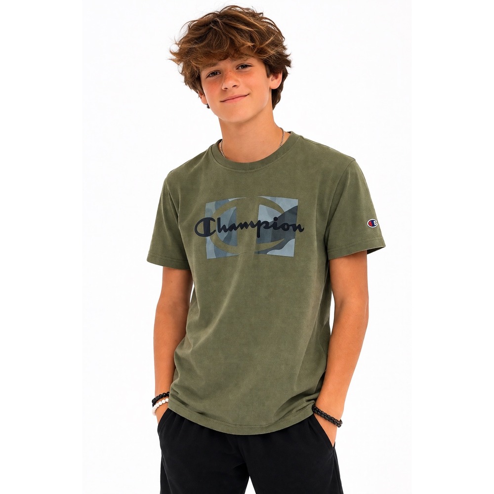 Champion Graphic T-Shirt Kids L Green Camo Logo Short Sleeve Sporty Tee